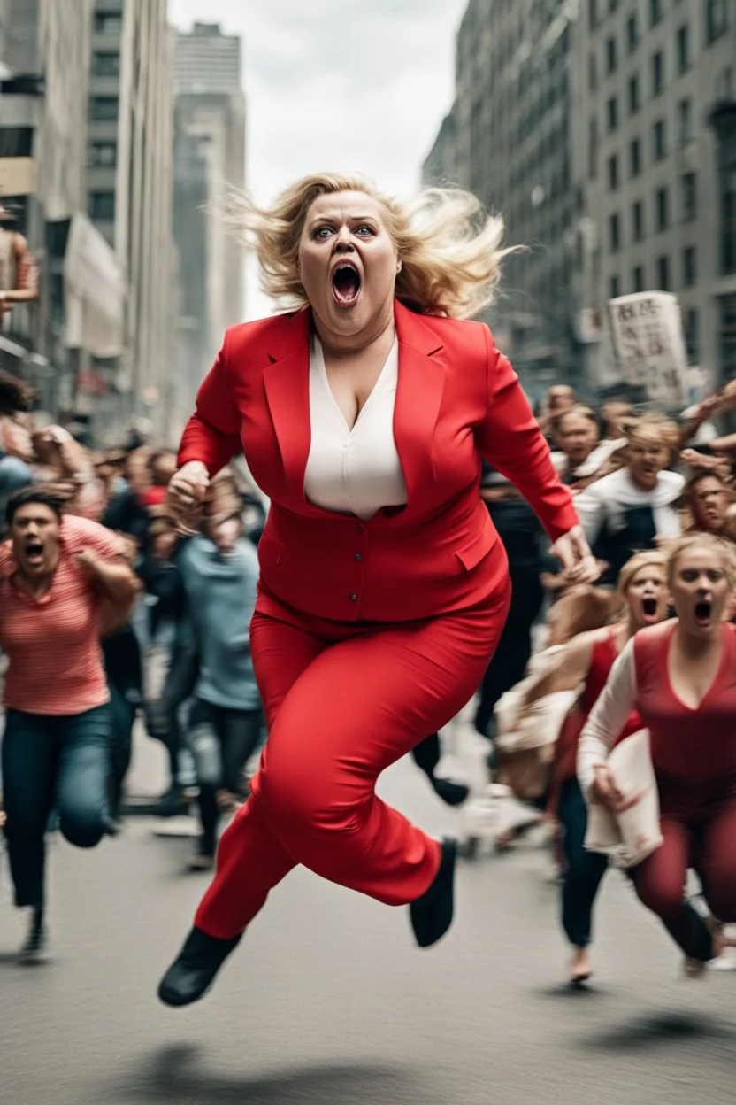 an obese terrified blonde woman in a red pant suit desperately running away from an angry mob of hundreds of people chasing her from a city block behind