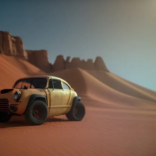 3d rendering. futuristic black yellow red car. Buried in desert sand. Lost in Time, cinematic lighting