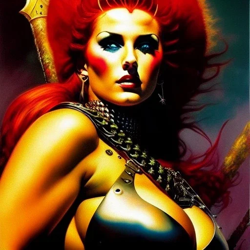 portrait oil on canvas, beautiful punk busty female Barbarian Warrior,green eyes, ,minimal armor,comic book cover, mystical colors,insanely detailed,realistic,intrincate detail, 16k resolution, masterpiece,Frank Frazetta,Alex Horley, Simon Bisley