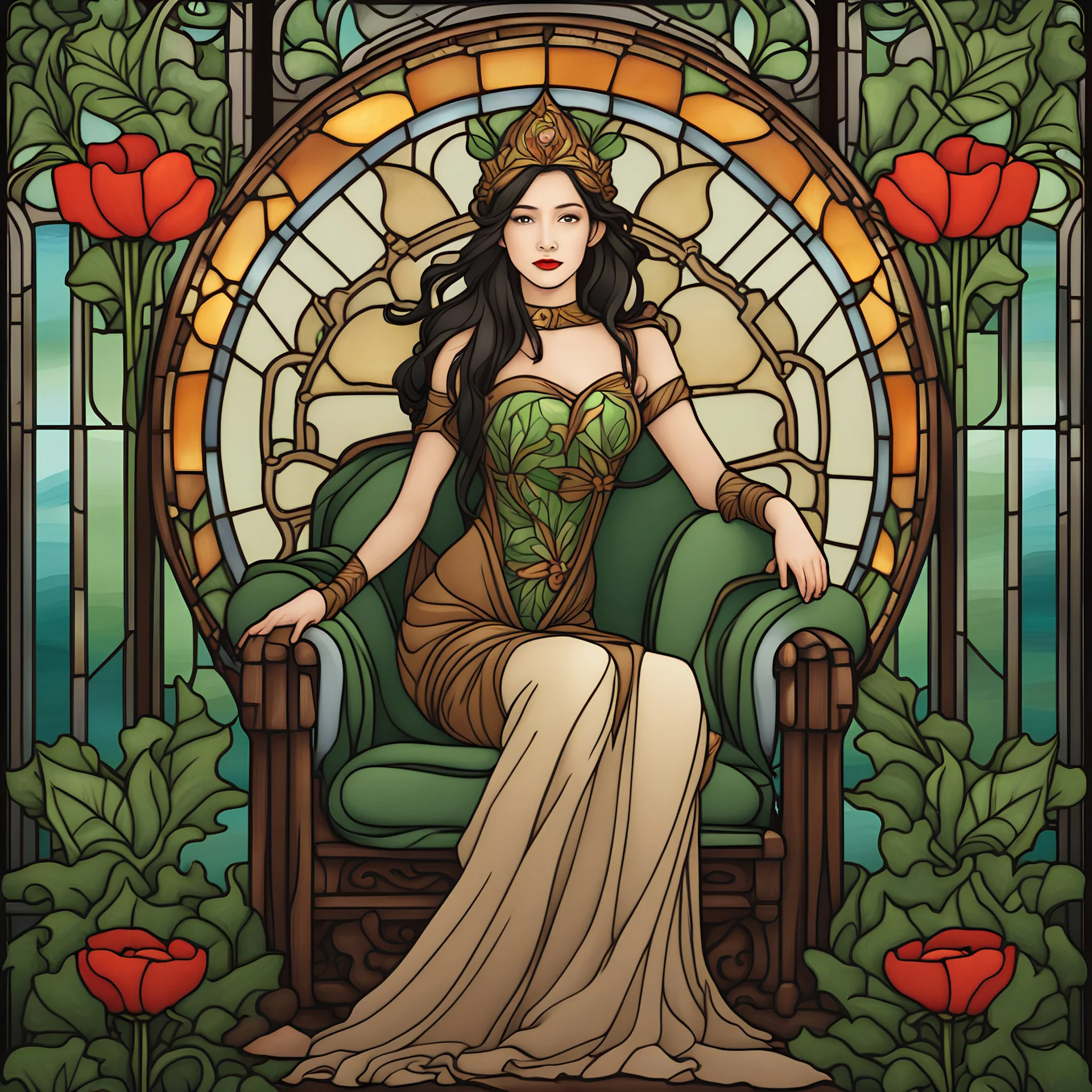 Stained Glass Art Nouveau art style A beautiful as a model asian woodland elf princess who looks like a young Lucy Liu seated on a throne surrounded by poppies and marijuana leaves in a mystical forest, photo-realistic