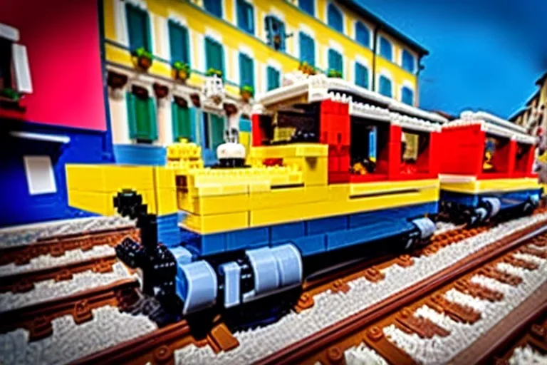 Lego close up Train in lego riomaggiore italy sea town lego