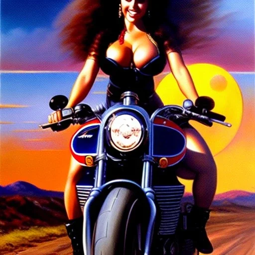 portrait of busty beautiful 'Female Rider on Akira's Bike',painting by Earl Norem, simon Bisley, evan lee, 86-86, oil on canvas, cinematic composition, extreme detail,fit full head inside picture,8k