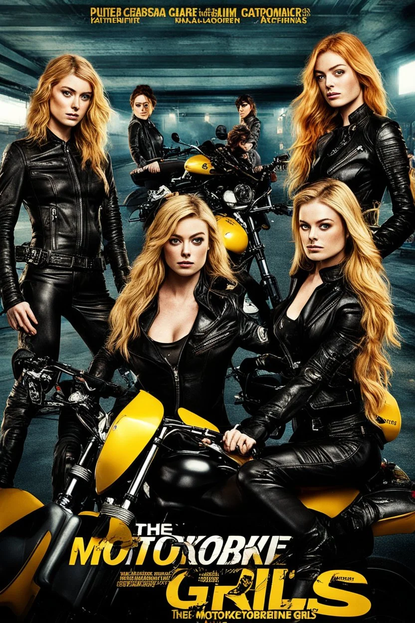 Poster for an action film called "The Motorbike Girls" starring Katherine McNamara, Margot Robbie and Georgia Henshaw wearing tight leather catsuits.