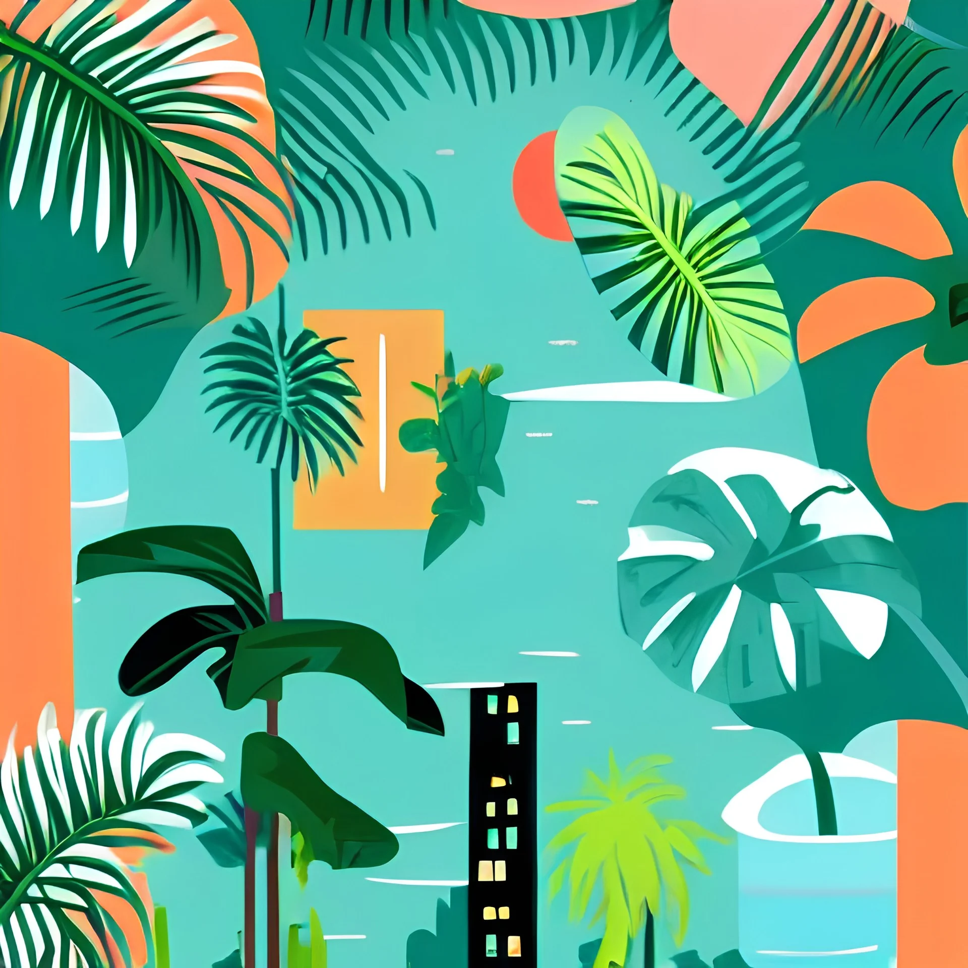 city, tropical, latino, plants, flat design, cover style, 2 colors, risograph zine