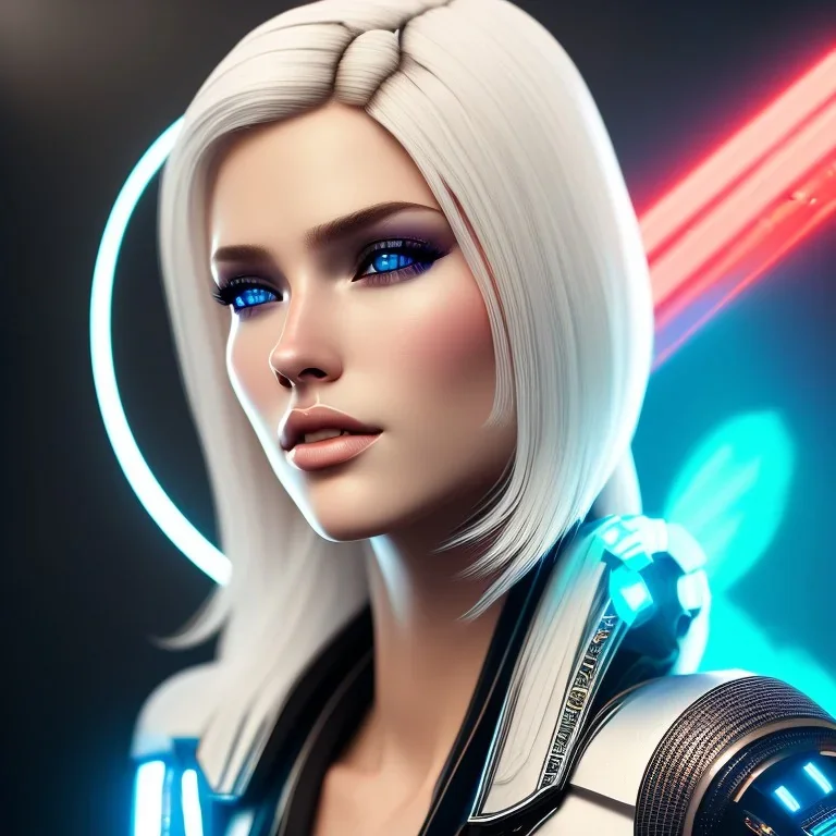 A beautiful portrait of a cute blond cyberpunk woman, high key lighting, volumetric light high details with white stripes and feathers and blue celtic paterns and helmet