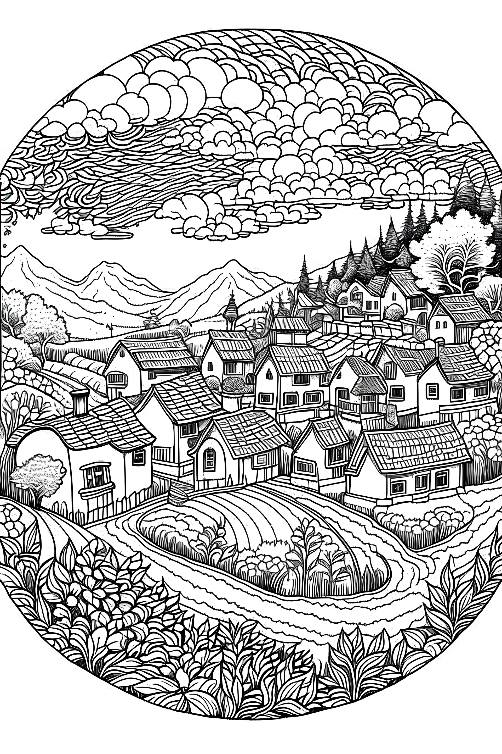b/w coloring page. village on valley landscape. white background. mandala style