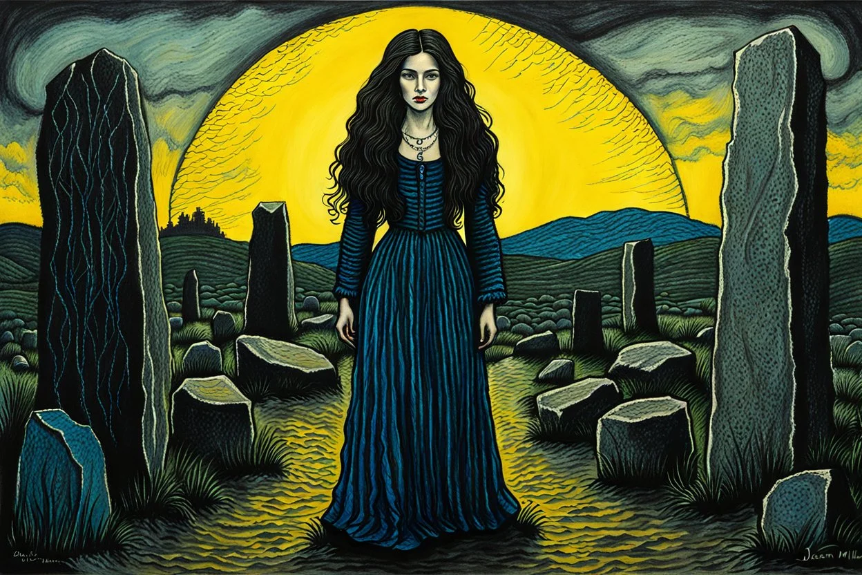 create a full body oil pastel of a dark haired, , raggedly dressed, savage vampire girl with highly detailed , sharply defined hair and facial features , in a dark circle of standing stones at dawn, in the style of JEAN-FRANCOIS MILLET