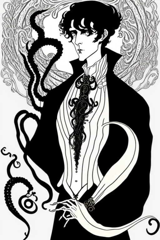 black haired young man necromancer wizard with gothic jewelry and tentacle fingers in the style of Aubrey Beardsley