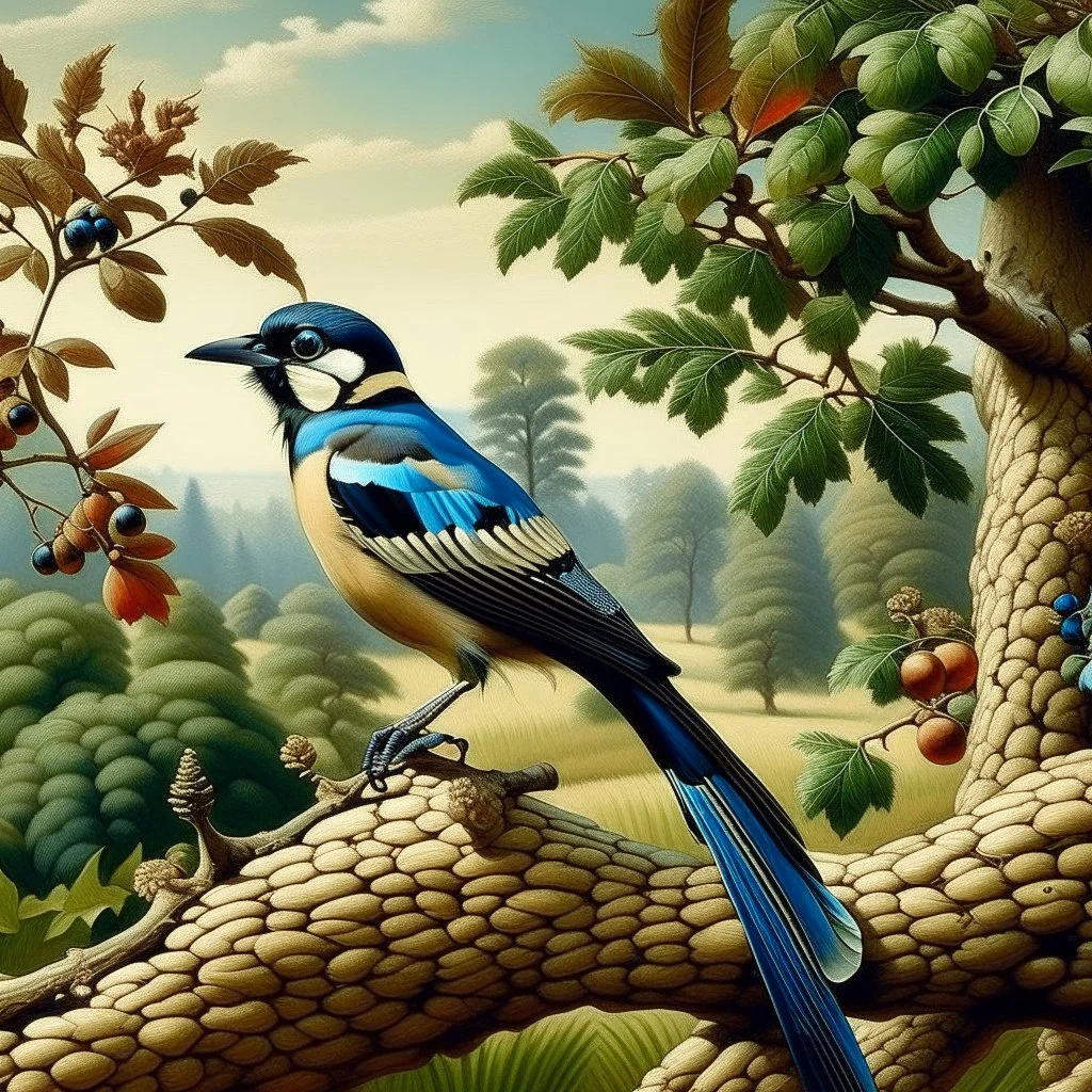 Wildlife painting in the style of Charles Tunnicliffe, showing a European Jay, perched upon the branch of a tree in the English countryside. Modifiers: oil on canvas Art Nouveau 1950s style oil on canvas wildlife art Charles Tunnicliffe ladybird books Art Nouveau oil on canvas oil on canvas