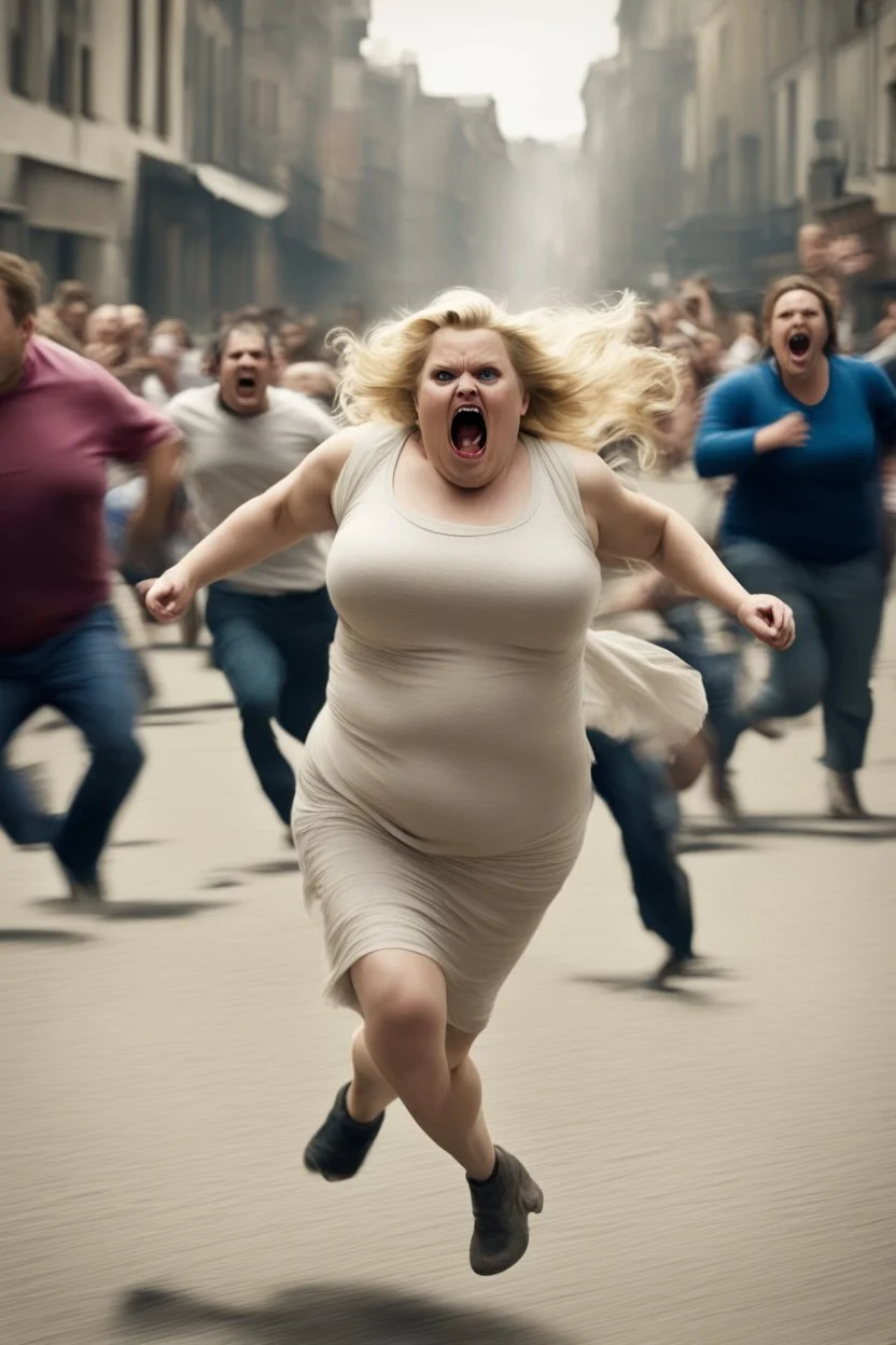 an obese terrified blonde woman running away from an angry mob