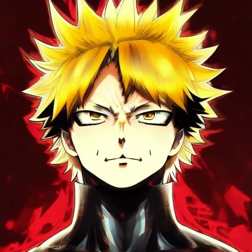 Detailed anime portrait of bakugo from my hero academia, gold hair and golden eyes, black suit, intricate details, full body portrait, keep head in frame, slight smile, black Japanese motif, concept art, highly detailed, digital painting, concept art, sharp focus, illustration, art by Yoji Shinkawa, WLOP and greg rutkowski and alphonse mucha and artgerm and yanjun Chen and Junji ito and Makoto Shinkai, HDR, octane render