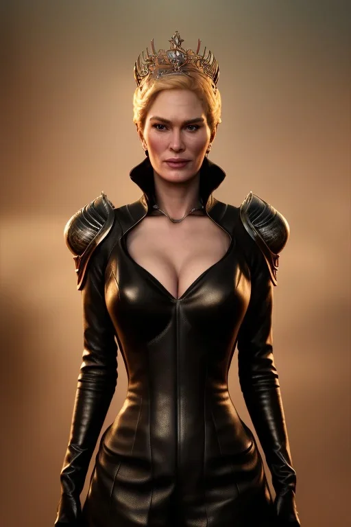 Cersei Lannister as evil queen in black leather, busty, cleavage, curvy, lena headay, angry, stern look. character design by cory loftis, fenghua zhong, ryohei hase, ismail inceoglu and ruan jia. unreal engine 5, artistic lighting, highly detailed, photorealistic, fantasy