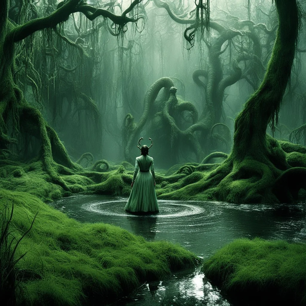 [photo for Pan's Labyrinth (2006): in the swamp] In a fantasmagoric scene, amidst the swirling mists of a mystical realm, there emerges Serpent Lebe, the mythical ancestor of fertility. Serpent Lebe coils and undulates with an otherworldly grace, its scales shimmering with ethereal light. The air is thick with the scent of ancient magic, and the ground beneath trembles with the power of creation.