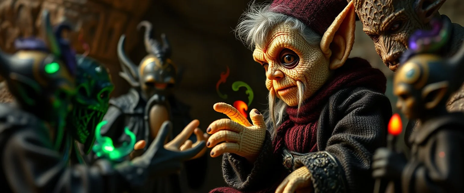 pin hole picture, miniatures on fake scene,master oil painting by Rembrandt, good afternoon bitch scary dark elf character aged matron malice talking to dark elf half spider priests of Menzoberranzan, close up portrait of a cunning knitted doll performing a double suplex while to explain something weird, they all have strange multi colored magical auras