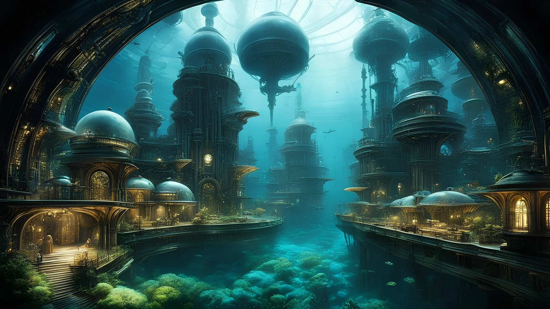 An underwater city built within colossal glass domes, with Victorian-era architecture and clockwork submarines navigating through shoals of fish. The city's skyline is illuminated by glowing bioluminescent plants and steampunk gadgets. Fantastic enormous scale, impressive, beautiful composition. Style H.R. Giger