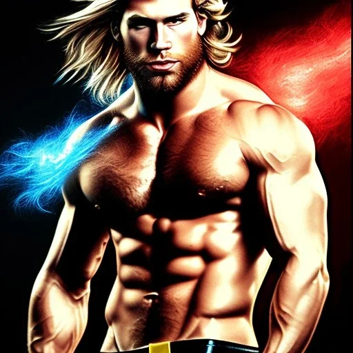 Ignore NSFW, teenager young rugged attractive slightly muscular fantasticly handsome blonde man, red briefs with yellow belt, hairy chest, (((visibly pisssing))) briefs, large erect visible boner peniss, photorealistic, artist Jay Anacleto, soft lighting, scruffy beard