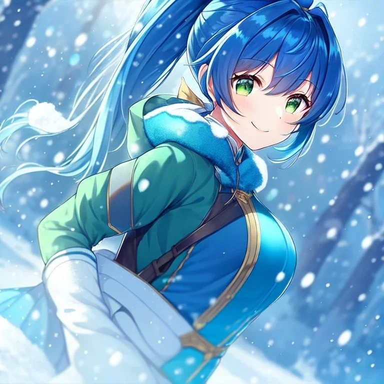 girl, masterpiece, best quality, volumetric lighting, dynamic pose, detailed outfit, perfect eyes, blue hair, green eyes, ponytail, snowing, winter clothes, looking up, smiling,