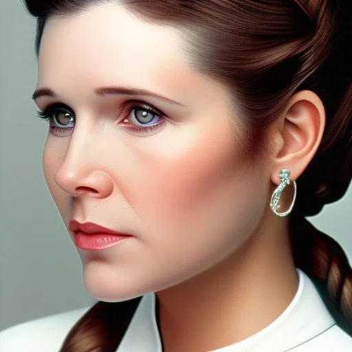 analog style, Beautiful photorealistic color close up face of carrie fisher, realistic soft pale skin, rim lighting, sharp eyes, dark plain background