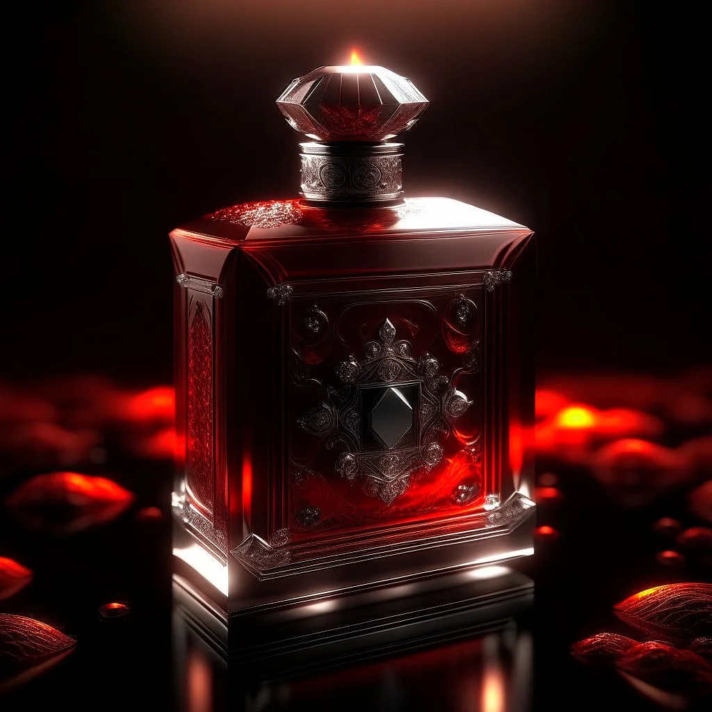 Silver rectangular perfume bottle with red crystal cap and small silver decorations. Illustrative art, art interpretation, concept art, cgsociety contest winner, seasonal art, seasonal art HD, 4k, 8k, intricate, detailed, intricately detailed, luminous, translucent fantasy crystal, holographic data, soft body, shadow play, light, fog, atmospheric, cinematic, light film, hyper-detailed, hyper-realistic, masterpiece, atmospheric, high resolution, 8k, HDR, 500px, mysterious and artistic digital art