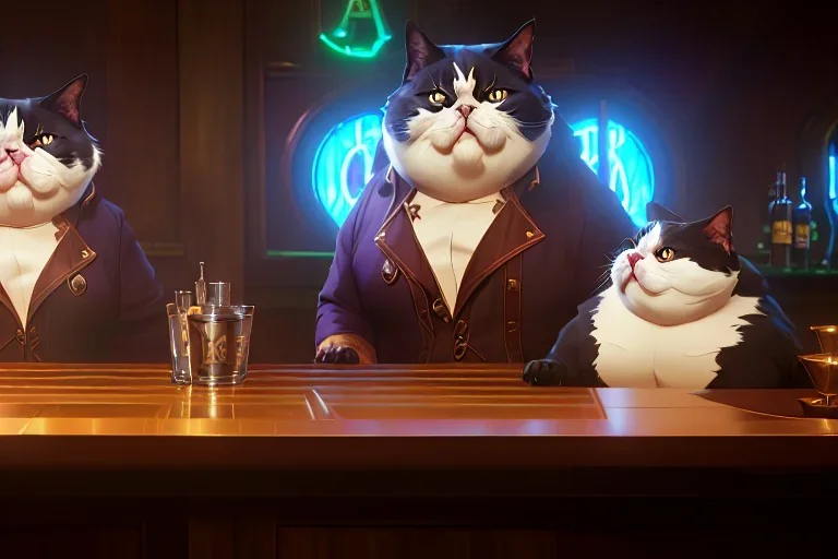 Two fat cats in a bar, high-quality, fine-detail, intricate, digital art, detailed matte, volumetric lighting, dynamic lighting, 3D octane render, Marc Adamus, Ann Prochilo, Romain Veillon,