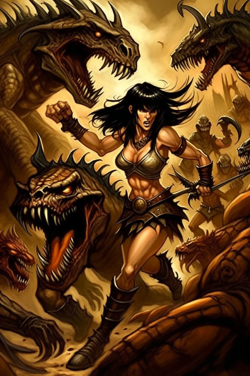 Eerie Scene, A detailed illustration of incredible beautiful Xena from 'Xena: Warrior Princess' looking terrified as she runs away from menacing muttations monsters., Eerie horror