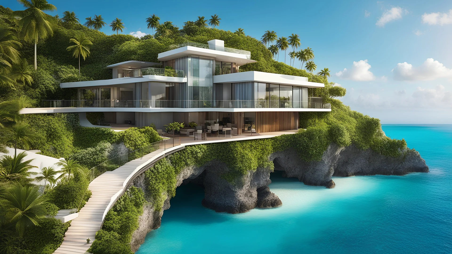 award winning cinematic photography of delightful summer day dreamy luxury home exterior design on a top of a cliff at the Maldives beach, fences safe for child and pets, natural cascade waterfall. Incredibly detailed, ultra high resolution, 8k, great depth of field, clear images, beautiful light, warm light, sharp edges