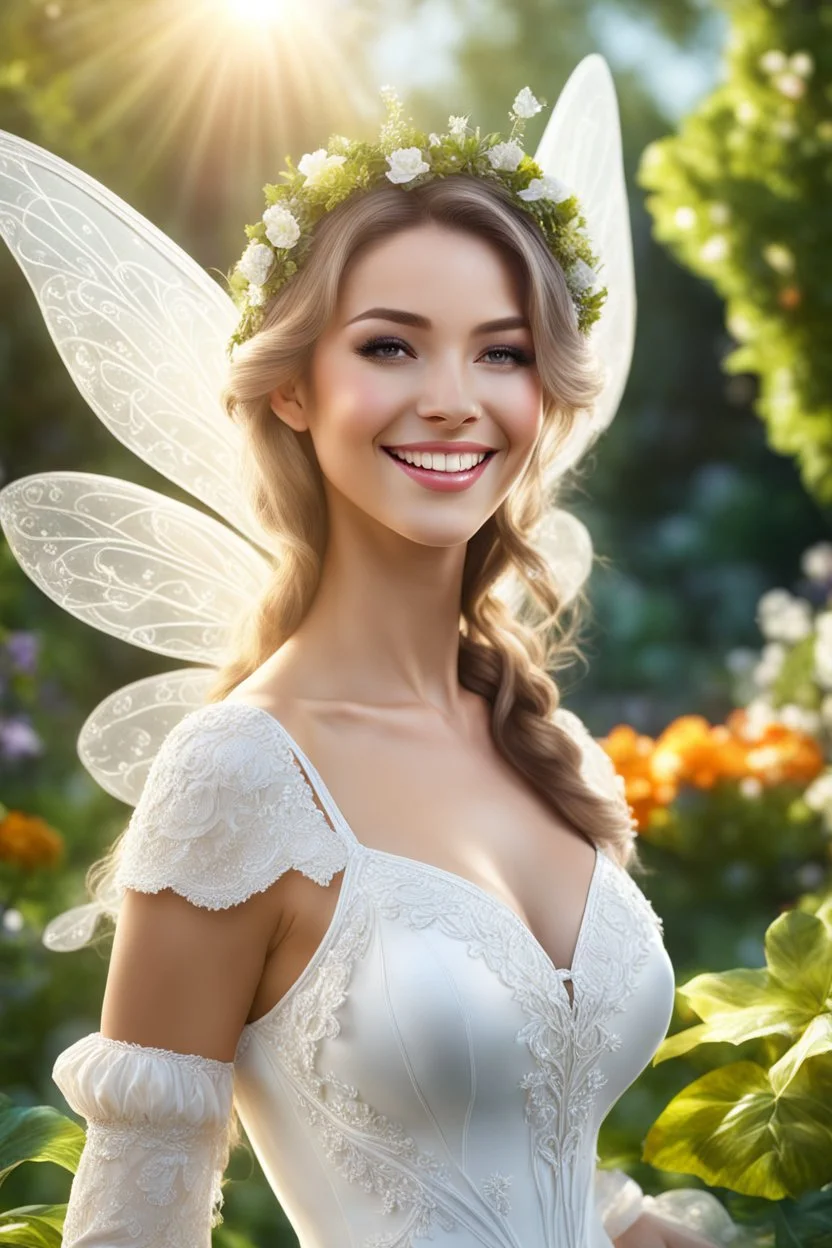 A hyper-realistic photo, smiling fairy lady in a garden ,Sun Light, Shiny Simple White Costumei, full portrait, glamorous, 64K, hyperrealistic, vivid colors, (glow effects:1.2) , 4K ultra detail, , real photo, Realistic Elements, Captured In Infinite Ultra-High-Definition Image Quality And Rendering, Hyperrealism, real world, in real life, realism, HD Quality, 8k resolution, , real photo, 8 k