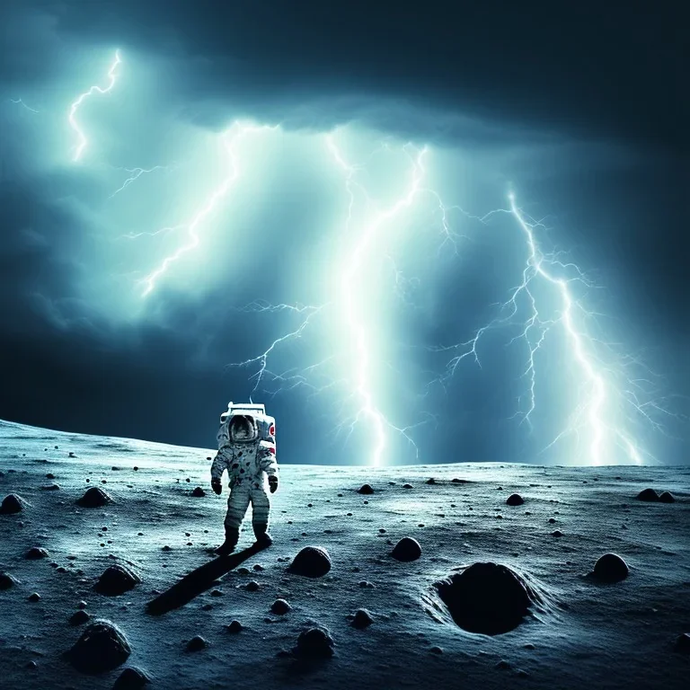 man walking on moon in thunderstorm