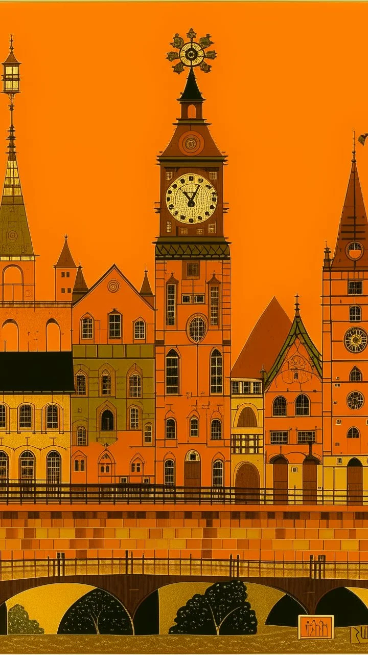 An orange colored town with a clock tower and a box girder bridge designed in German folk art painted by Paul Klee