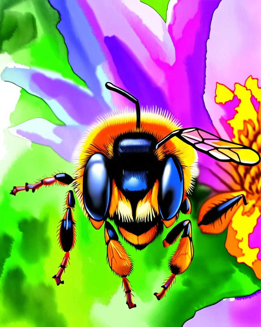 Fantasy Art Nouveau Watercolor close up macro of a bumblebee. bright vivid pretty colours. some purples. steampunk