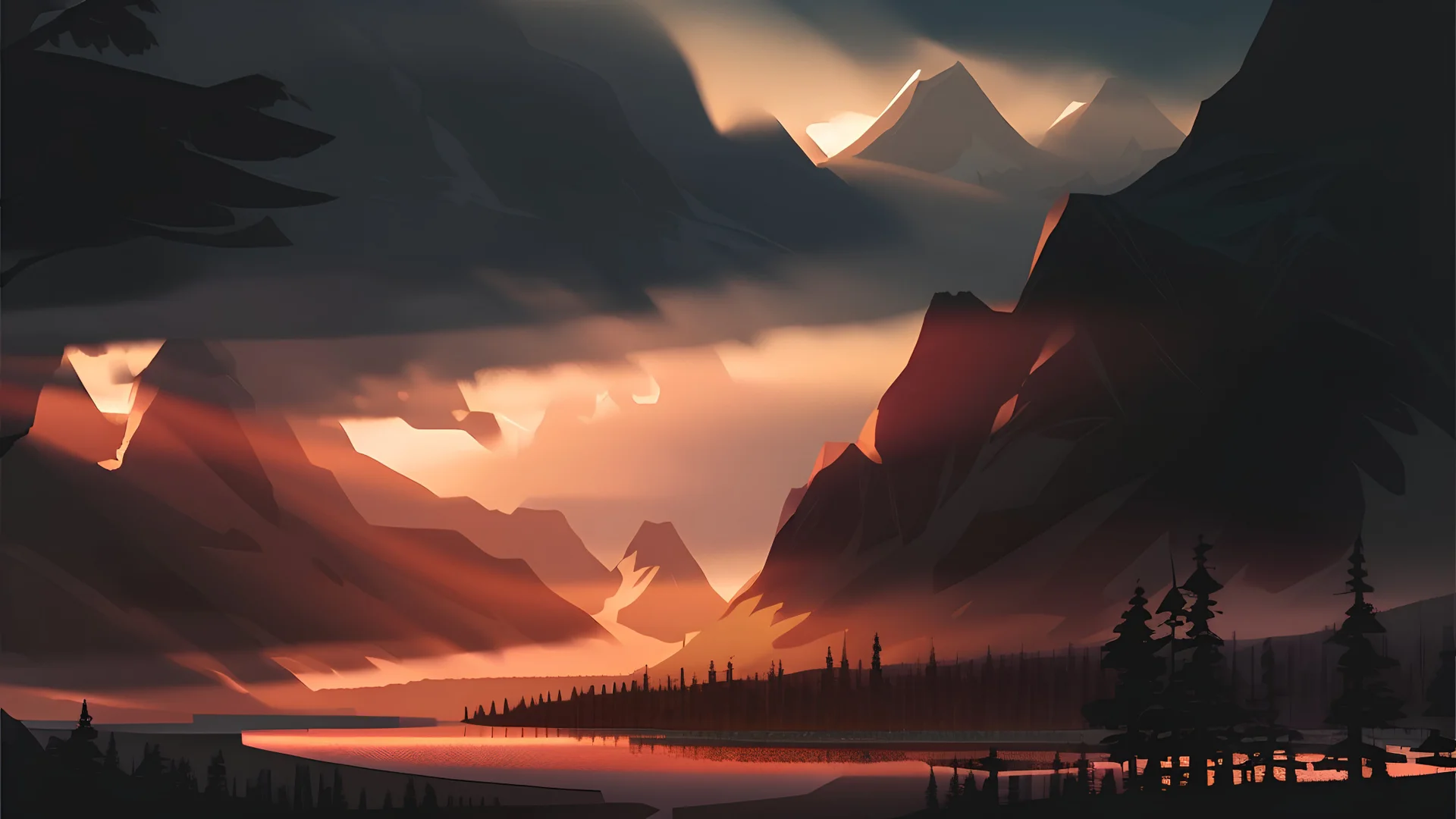 Stylized image of a forest, near a serene lake and mountains in the background at sunrise