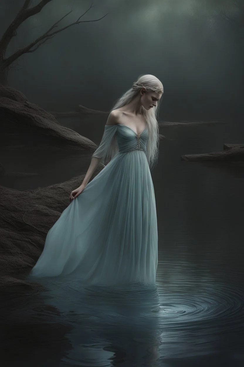 With a deep breath, dearie Fiona let herself be embraced by the water's embrace, her form becoming one with its liquid embrace. The feeling was ethereal, as if the lake itself was a conduit to another realm. She glided with a fluid grace, her movements a reflection of the dance she and Deery had shared in the forest. As the water enveloped her, Fiona's hair fanned out like strands of moonlit silver, creating an otherworldly halo around her. Her skin seemed to shimmer with a natural radiance