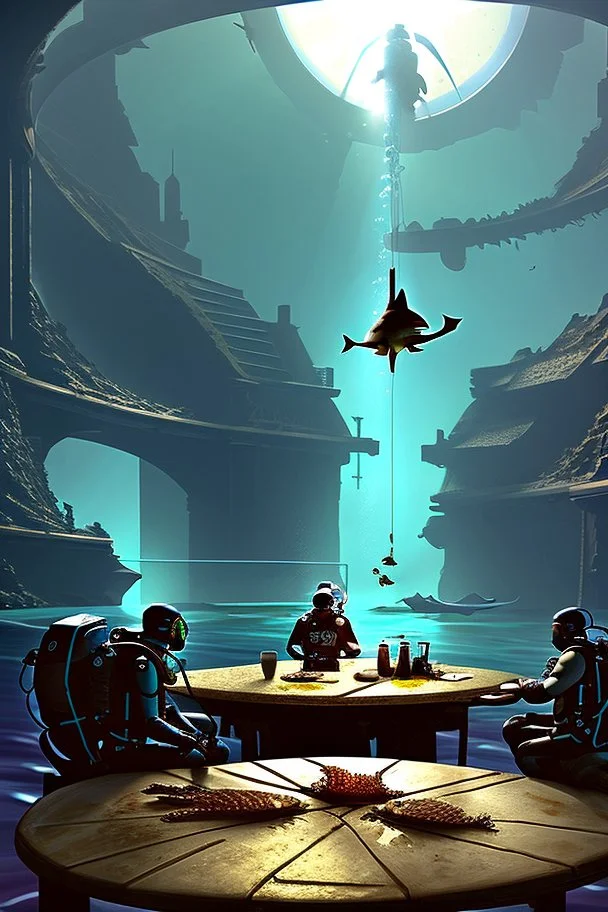 2 divers in full gear sitting at a round table having tea, the table is on the bottom of the dried out ocean, no water, around them are shattered dead fish, dead starfish, ship reck, 8 k realistic