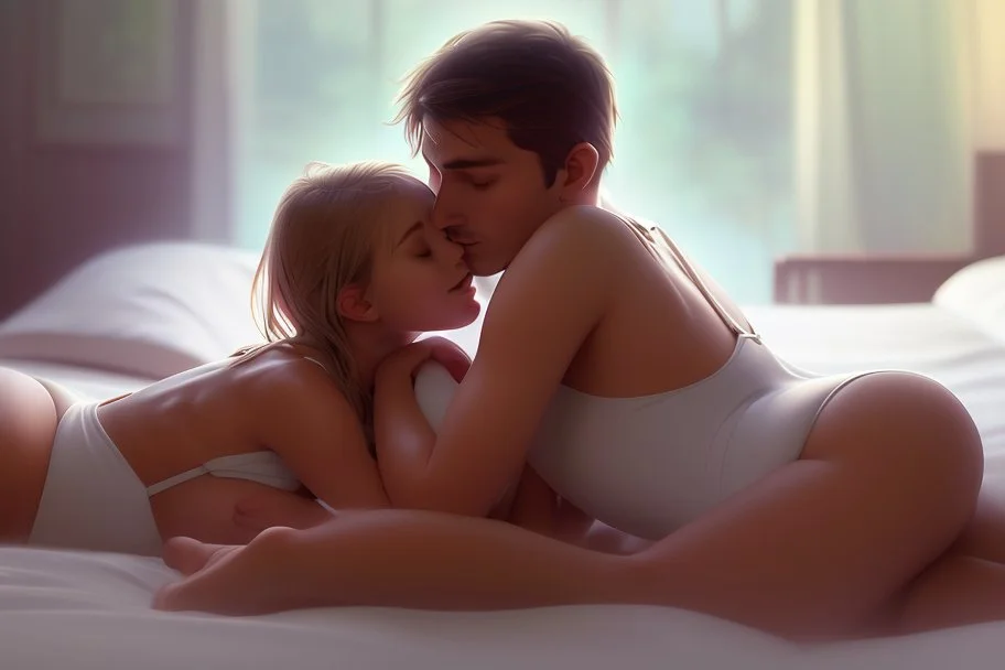 Digital painting of dad cuddling two beautiful young teenage girl in a swimsuit on a bed. eating a banana. with dad, artstation, 8k, extremely detailed, ornate, cinematic lighting, vivid.