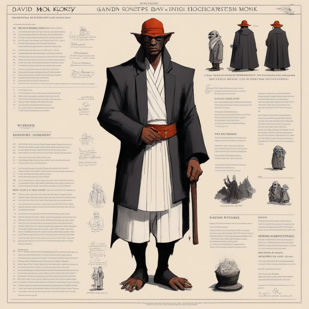 monster concept sheet with AD&D statistics and characteristics [art by David Hockney] Gangster-turned-Monk