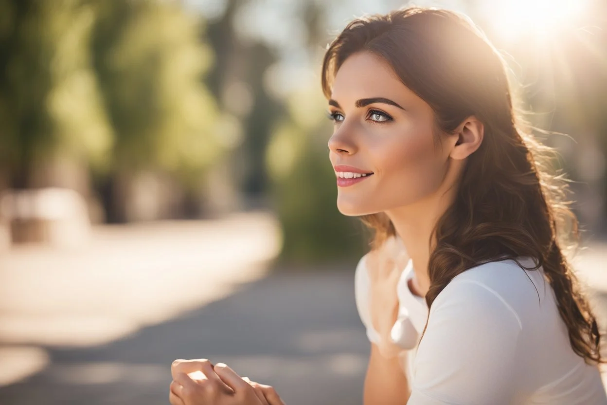 cute brunette woman listening a training in sunshine