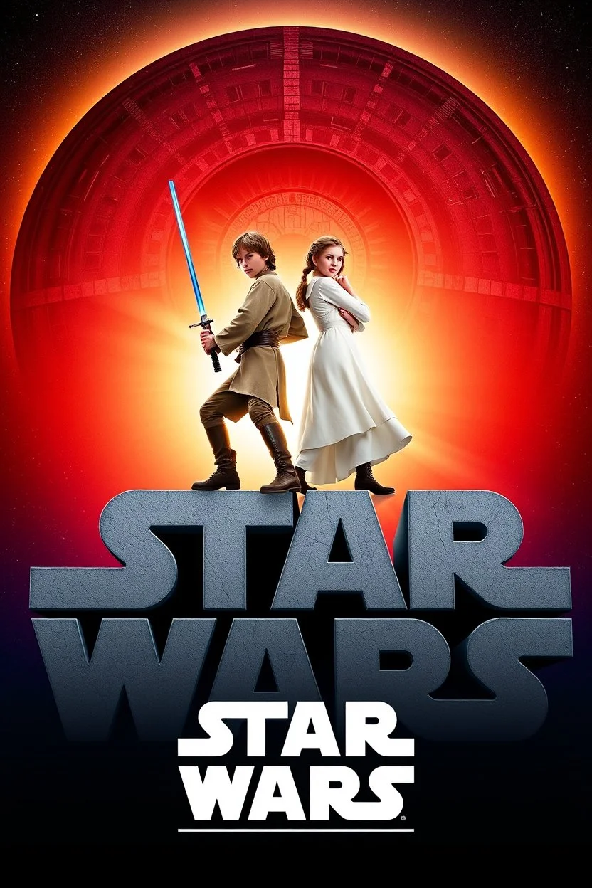 movie poster for Star Wars featuring luke and leia in their iconic poses atop of a the words "STAR WARS" made of stone, the death star in background