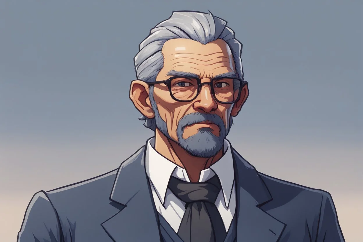 Высокий, сухопарый мужчина лет 50-ти с жёсткими чертами лица, словно высеченными из камня. Седые волосы, зачёсанные назад, и холодные серые глаза, которые кажутся пронзительными, как лезвие. Носит строгие трёхсоставные костюмы (часто тёмно-синие или чёрные) и очки в тонкой металлической оправе. На шее – цепочка с печаткой. Стиль стардью валли