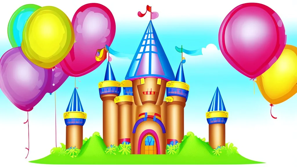 Illustration of a balloon castle, this castle is the party decoration factory. detailed illustration, realistic and colorfull