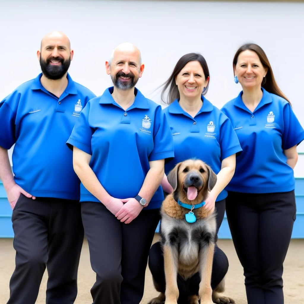 dogdaycare 4person group photo staff hands behind back