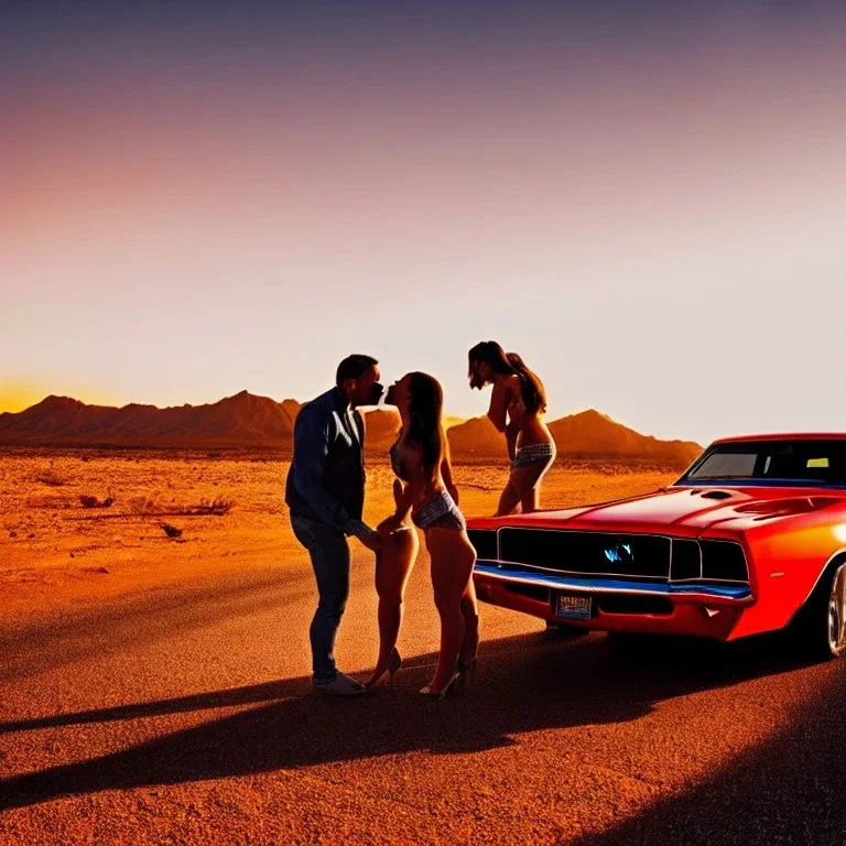 muscle car, man and woman kissing, desert road, sunset, full colour,