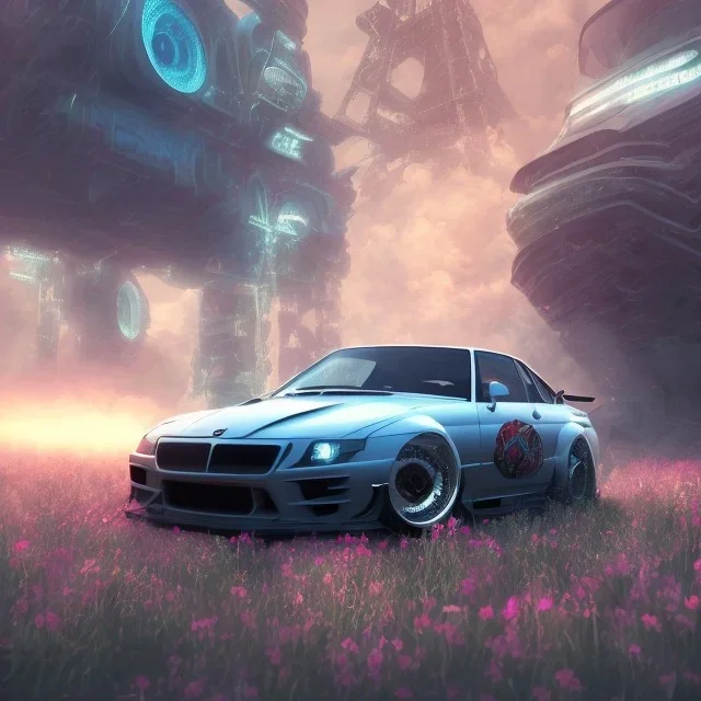 jdm car, dans un nuage de fleur, concept art, réaliste, synthwave, futuriste