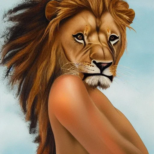 Portrait of a lion and sexy woman