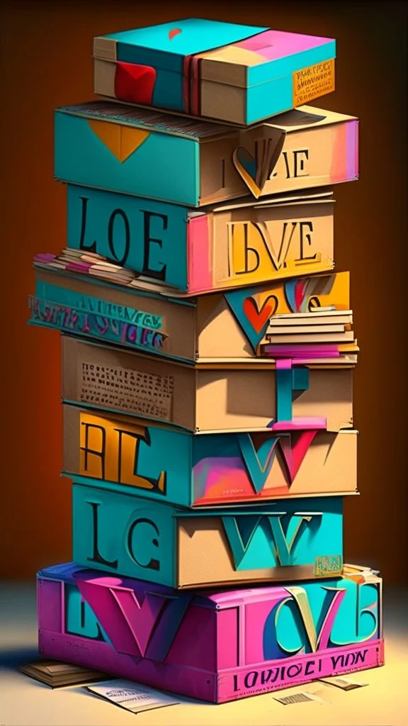 Stacked boxes full of love letters, realistic, professional, art, detailed, vibrant colors.