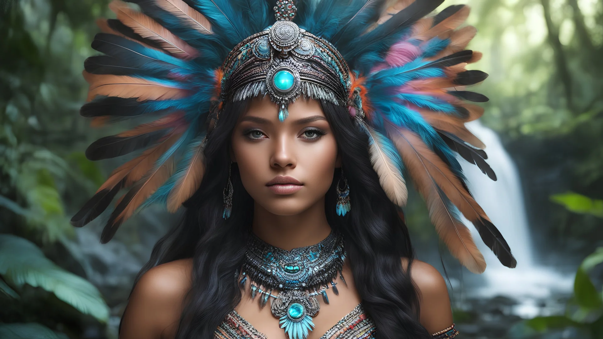 Photoreal unearthly gorgeous indigenous godlike mayan girl with godlike neon glowing neon eyes adorned in clothes adorned with feathers that flutter with every step exuding beauty that blends seamlessly with the natural surroundings and hair cascading down her back like a waterfall of obsidian and eyes holding a spark of wild intelligence in a dense rainforest, otherworldly creature, shot on Hasselblad h6d-400c, zeiss prime lens, bokeh like f/0.8, tilt-shift lens