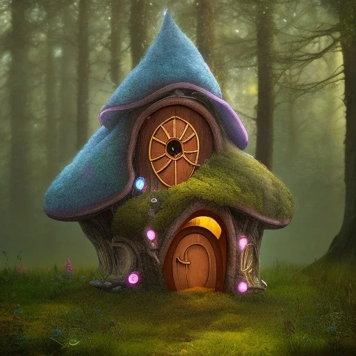 fairy house in the forest, blue and pink lights