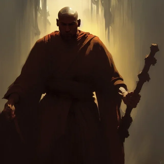 Portrait of a monk, grimdark, Frank Frazetta, Greg Rutkowski, hyperdetailed, dnd, trending on Artstation, Splash screen art, dynamic lighting, hyperdetailed, intricately detailed, a masterpiece, 8k resolution