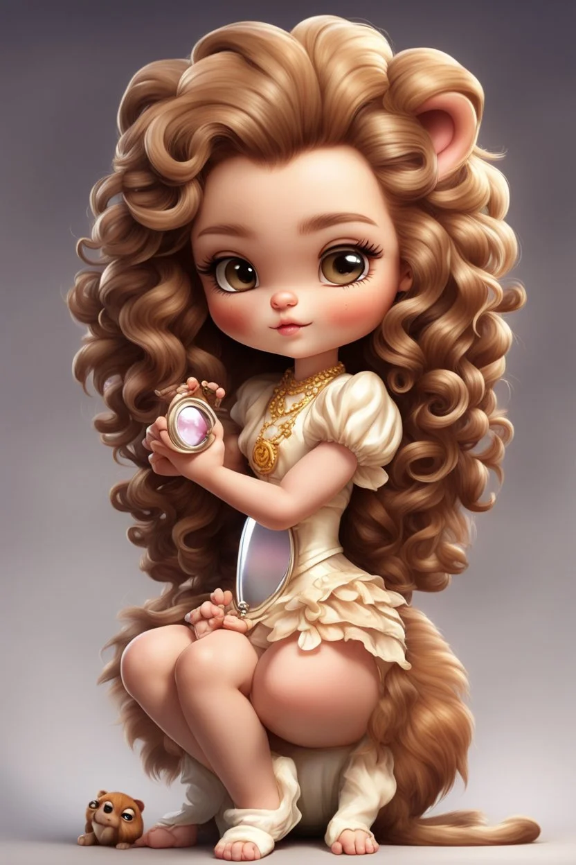 An adorable air brushed cartoon chibi Leo girl sitting crossed-leg, holding a tiny mirror and applying brown lipstick with precise care. Concentrating hard, her giant curly mane and poofy dress give her a cute lion cub look. Despite her small stature, her proud posture and flair represent her lion-like personality.