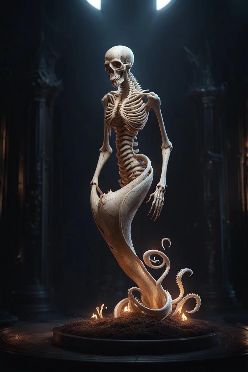 Bone Naga. full body shot. fantasy and horror setting, Cinematic lighting, Volumetric lighting, Epic composition, Photorealism, Very high detail, Character design, Unreal Engine, Octane render, HDR, Subsurface scattering, fantasy art,