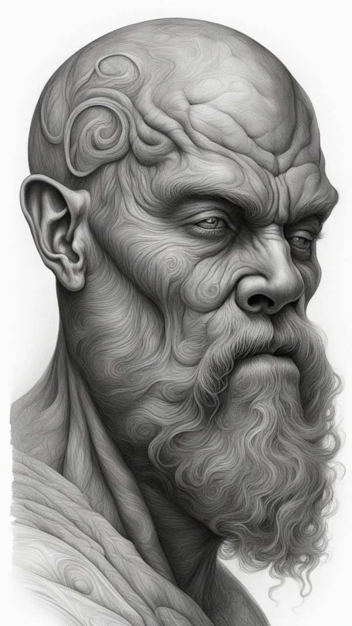 𝙋𝙧𝙤𝙢𝙥𝙩 highly detailed graphite illustration, A surreal viking with exaggerated anatomical features, heavily wrinkled skin, and an intense, contemplative expression. bald head, thick eyebrows, long beard merge into swirling abstract shapes. Large, expressive hands, one covering the mouth and the other gripping the forehead tensely. Mysterious, introspective, dreamlike, somewhat dark fantasy. #𝙙𝙧𝙚art #prompt